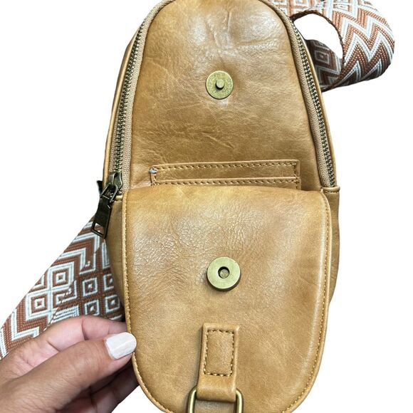 Threaded Pear Tan Vegan Leather Sling Bag Embroidered Strap - Picture 5 of 11